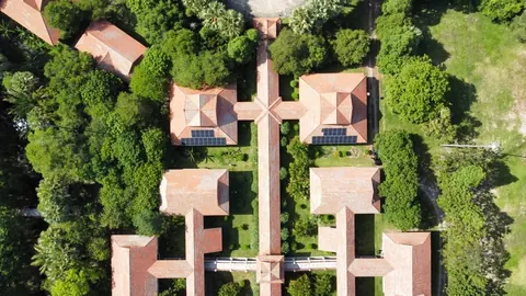 ภาพมุมสูงบ้านพักอาศัยหลังคากระเบื้องเรียงกันท่ามกลางแมกไม้เขียว